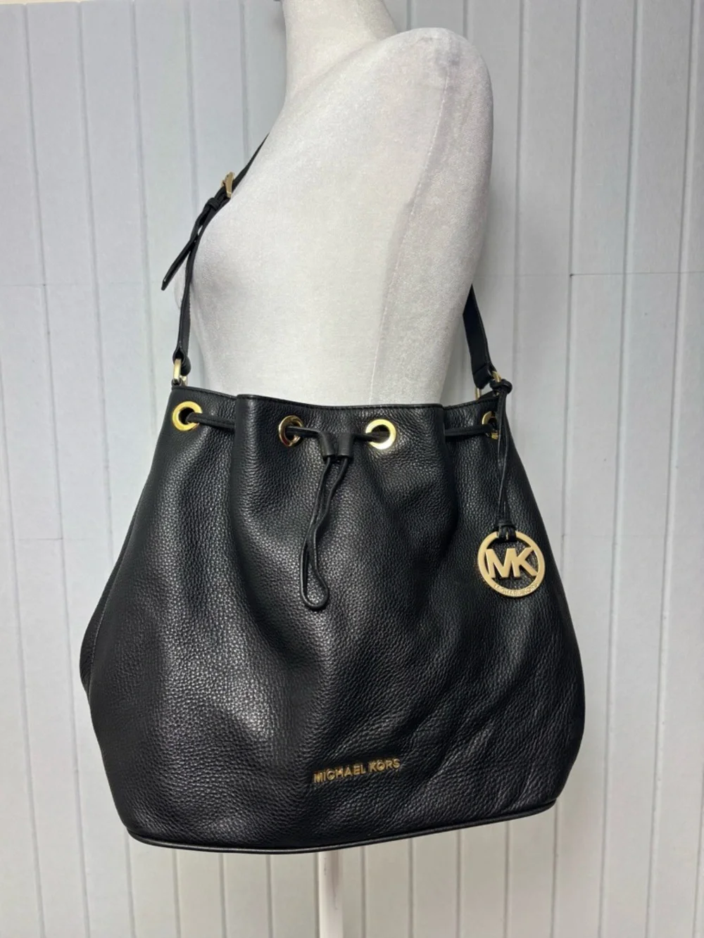 Michael Kors  Black‎ Pebbled Leather Drawstring Hobo with Gold Hardware